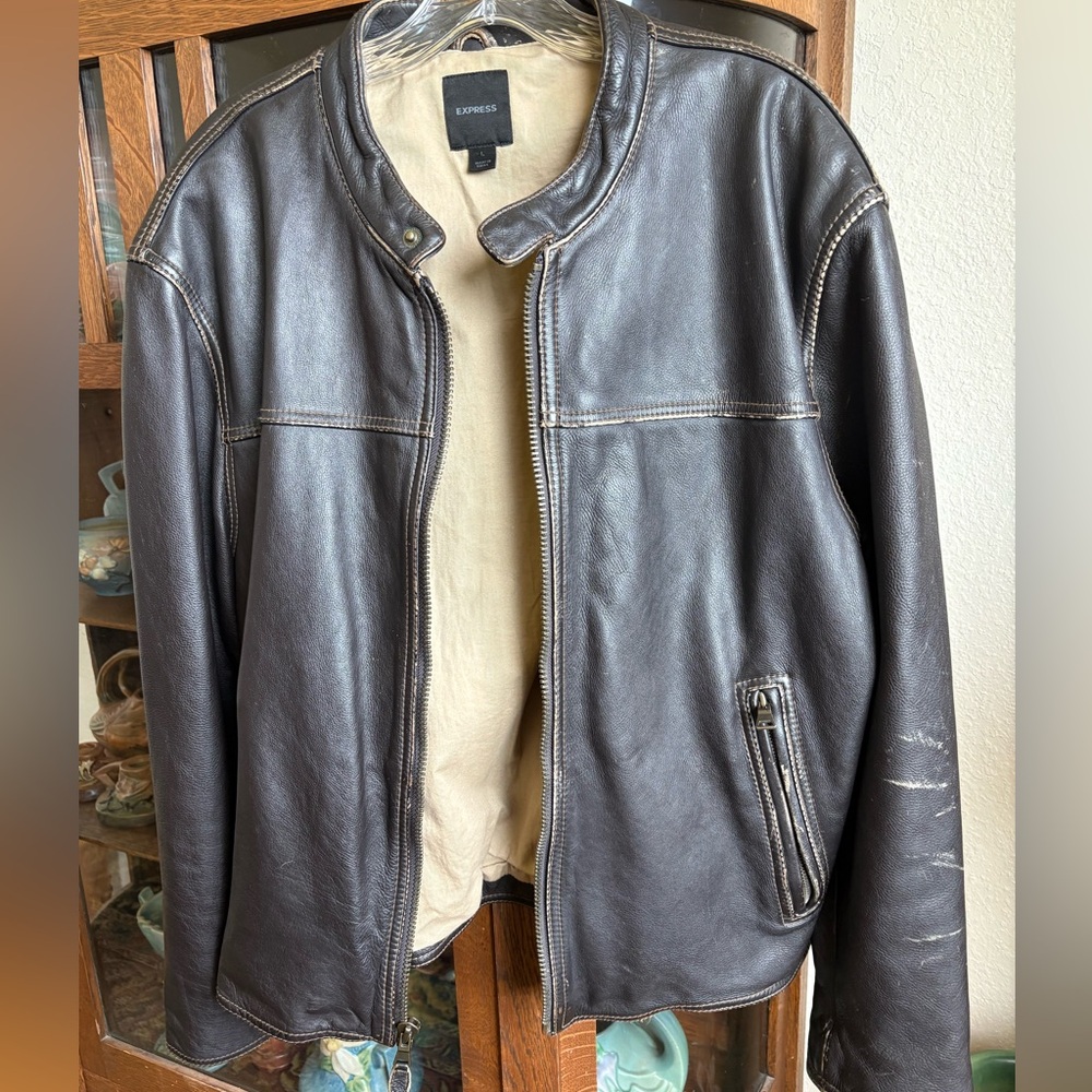 Vintage Brown Bomber Motto Leather Jacket Express Large Distressed Finish 90s. - Picture 5 of 16